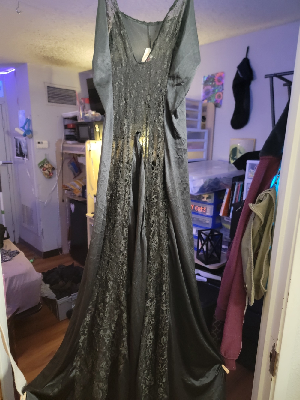 Sheer Lace-Panel Black Nightgown with Burgundy Trim - Picture 3 of 4